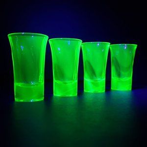 Vintage set of 4 Green Depression Uranium Shot Glasses that GLOW!